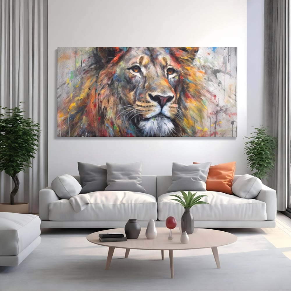 Tablou canvas cu tablou canvas cu leu colorat, fara rama, pe sasiu de lemn, pe perete intr-un living